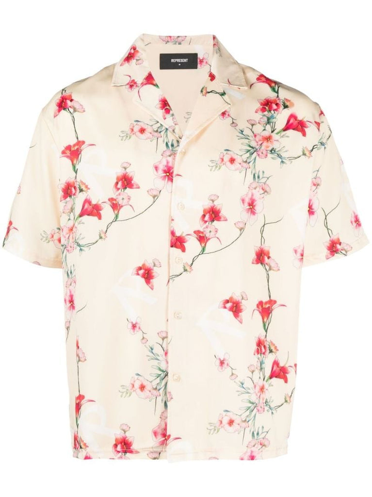 Beige Floral Print Short Sleeved Shirt