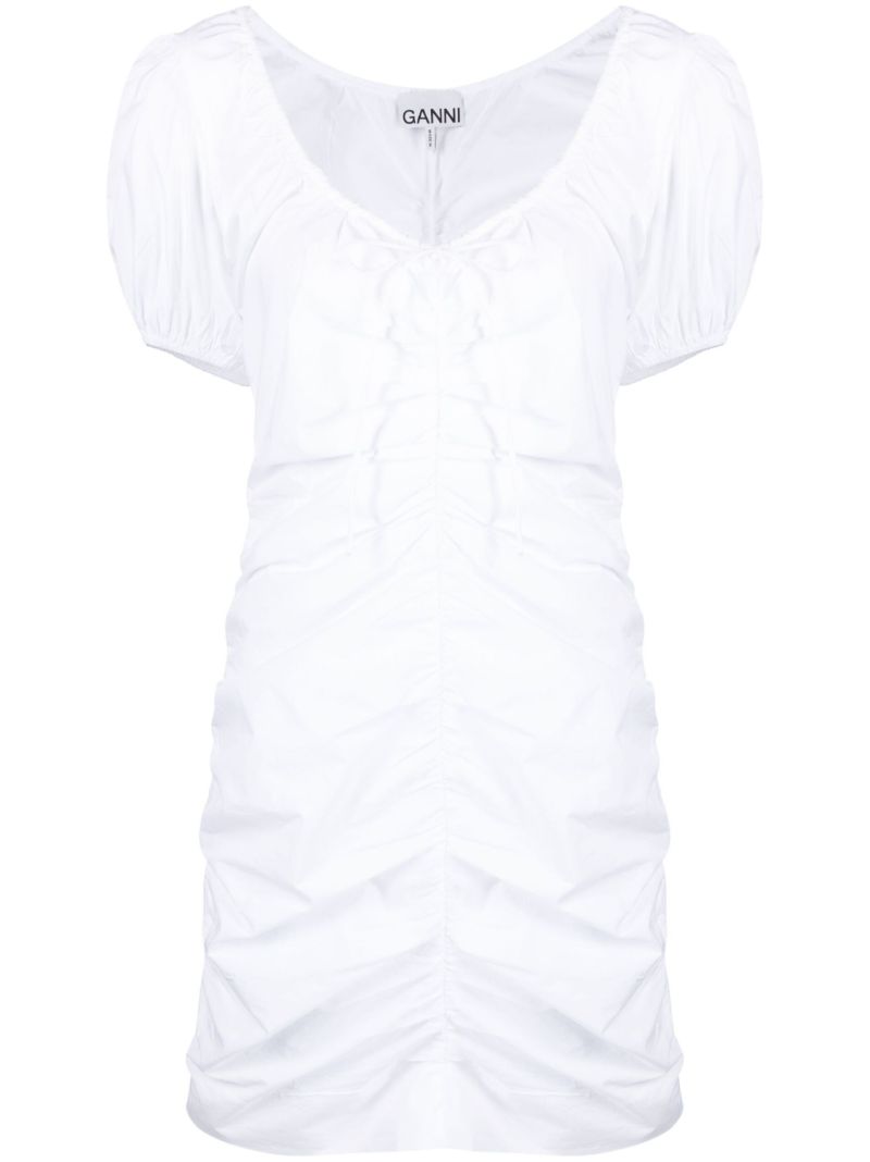 White Ruched Puff Sleeve Mini Dress
