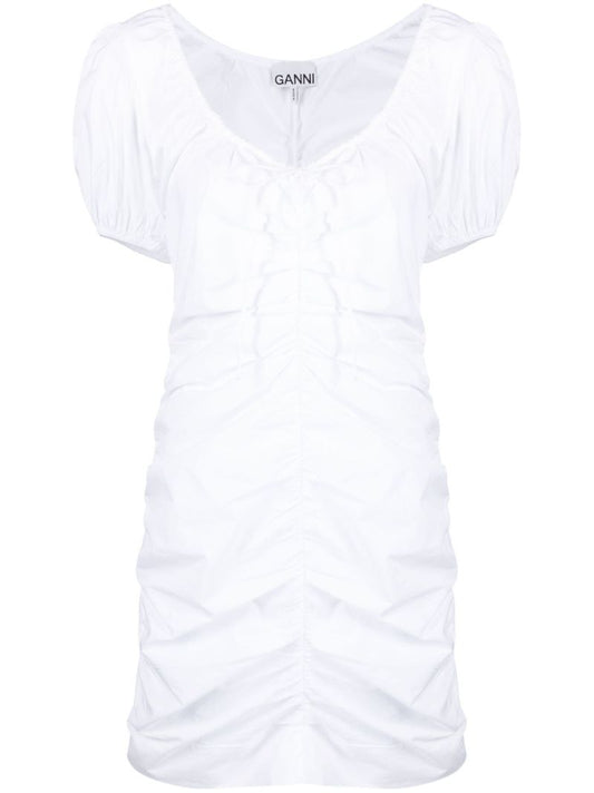White Ruched Puff Sleeve Mini Dress