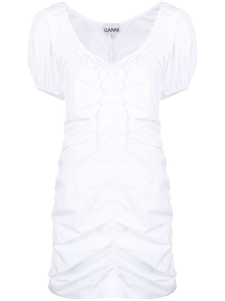 White Ruched Puff Sleeve Mini Dress