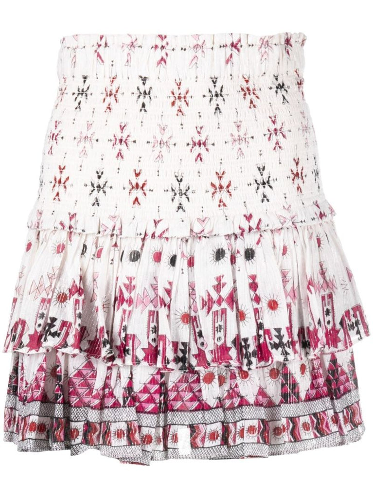 White Geometric Print Ruffled Skirt
