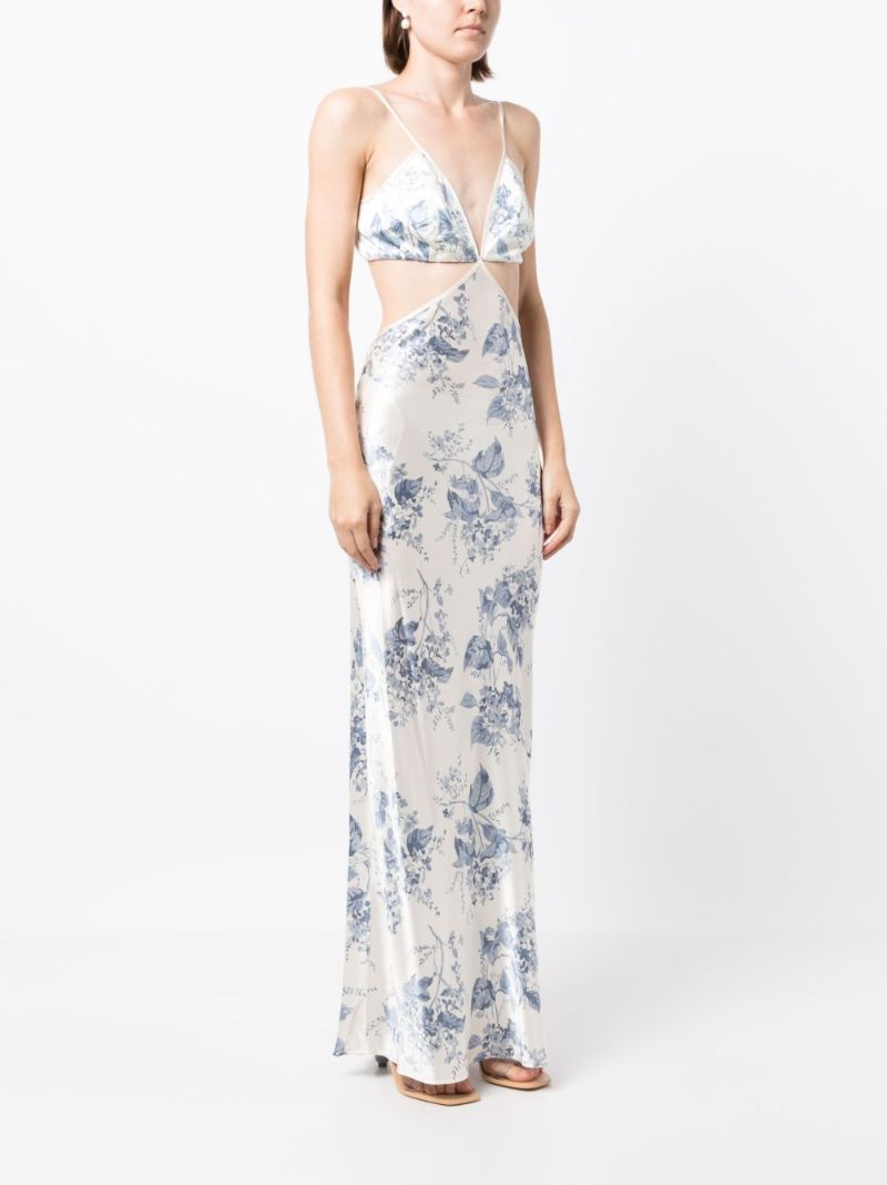 White Poppies Floral Print Silk Dress