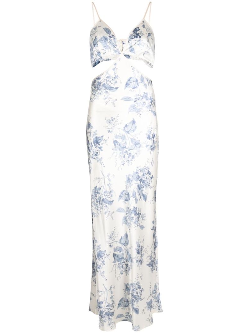 White Poppies Floral Print Silk Dress