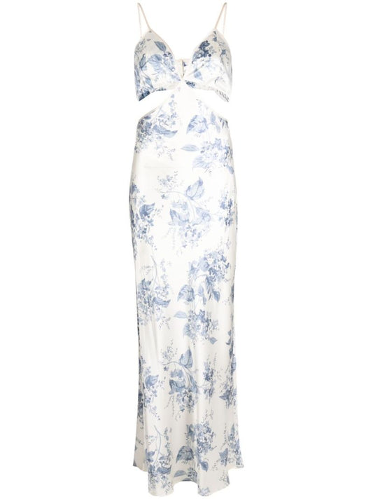 White Poppies Floral Print Silk Dress
