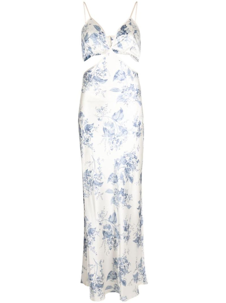 White Poppies Floral Print Silk Dress