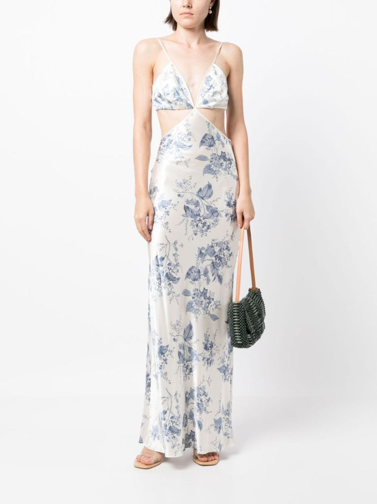 White Poppies Floral Print Silk Dress