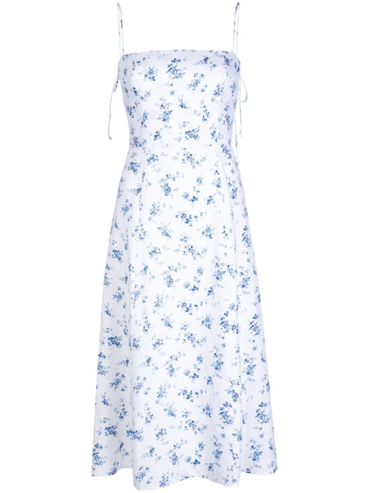 White Christen Floral Print Linen Midi Dress