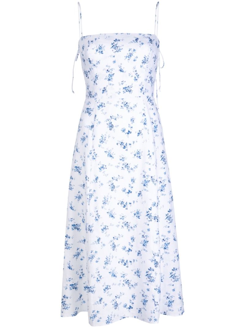 White Christen Floral Print Linen Midi Dress