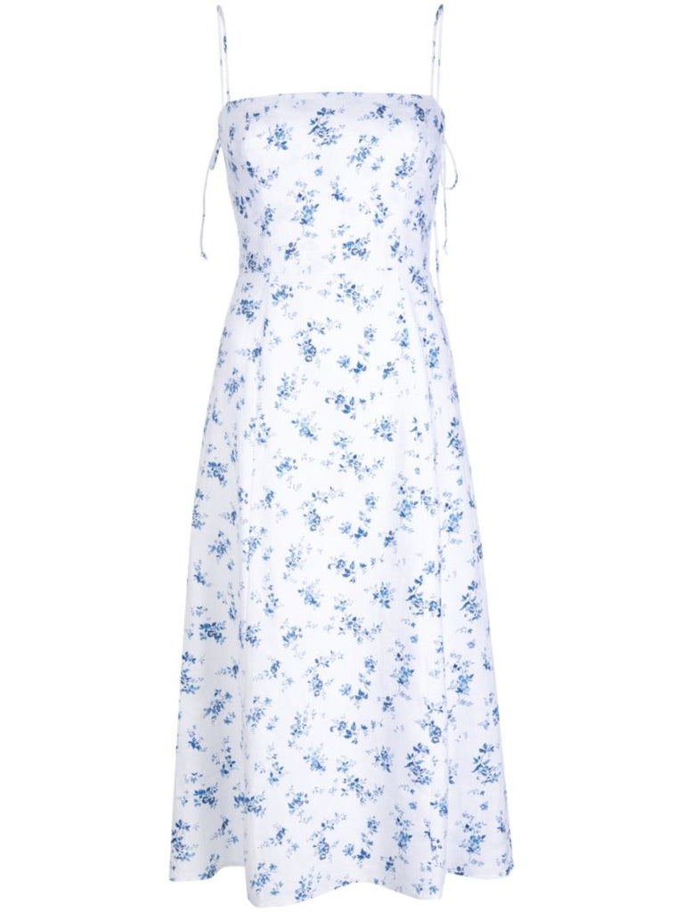 White Christen Floral Print Linen Midi Dress