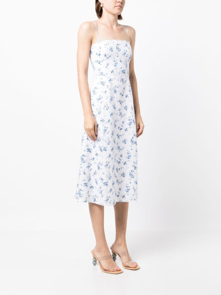 White Christen Floral Print Linen Midi Dress