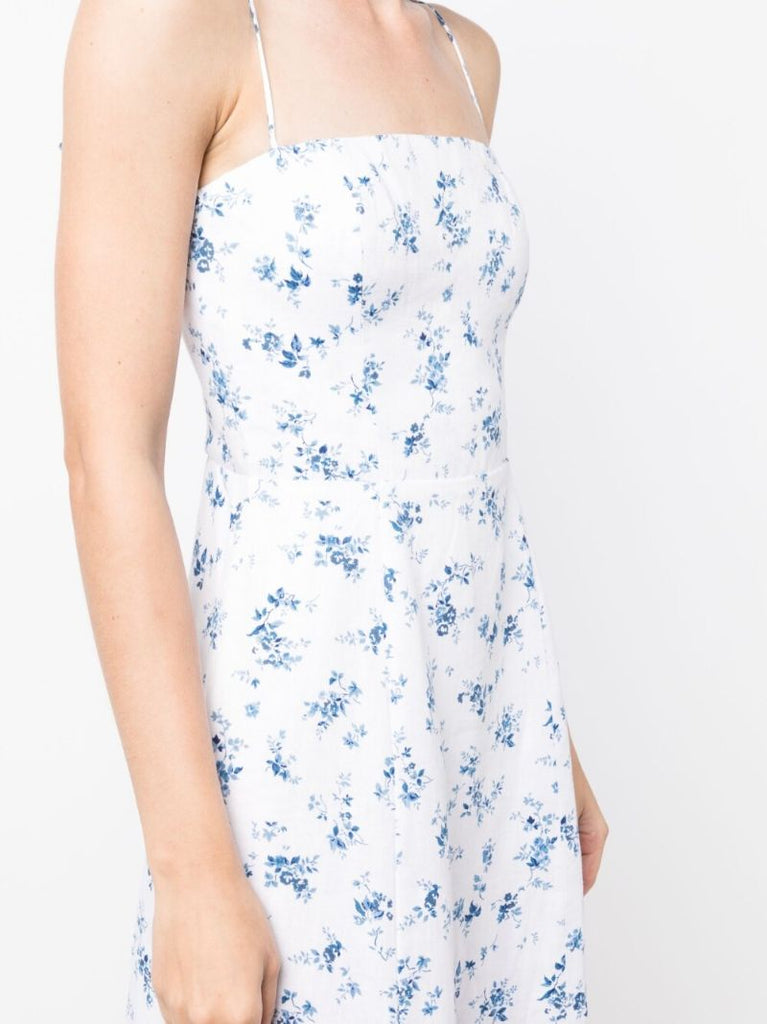 White Christen Floral Print Linen Midi Dress