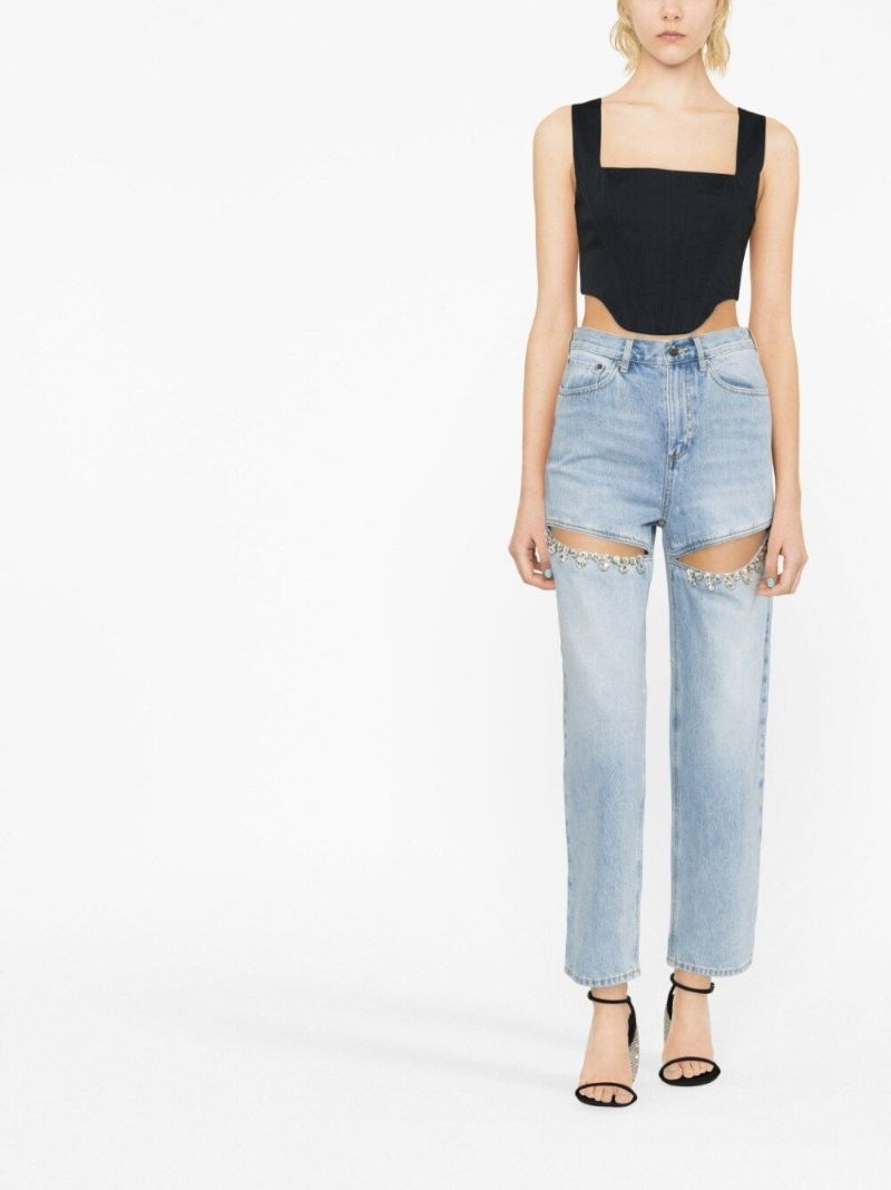 Blue Crystal Slit Straight-leg Jeans