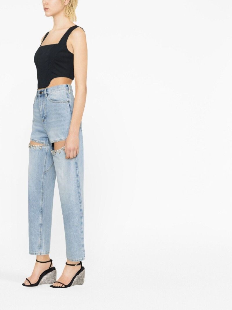 Blue Crystal Slit Straight-leg Jeans