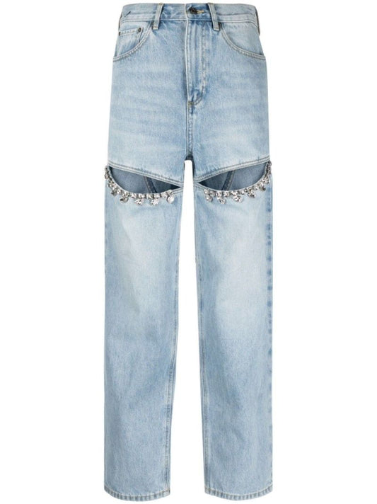 Blue Crystal Slit Straight-leg Jeans