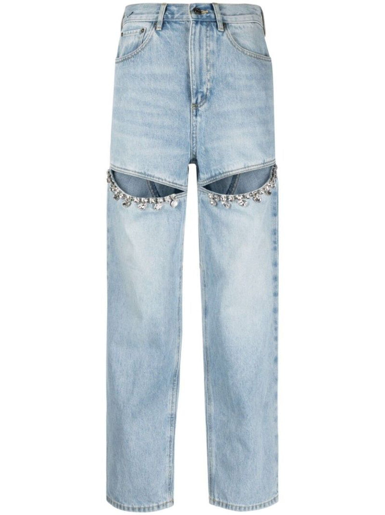 Blue Crystal Slit Straight-leg Jeans