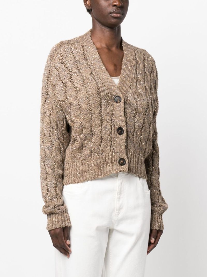 Brown Sequined Cable Knit Cardigan
