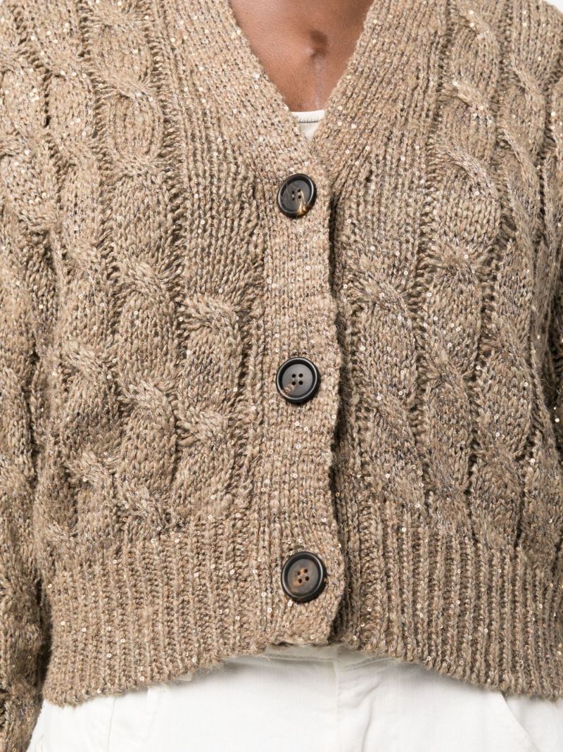 Brown Sequined Cable Knit Cardigan