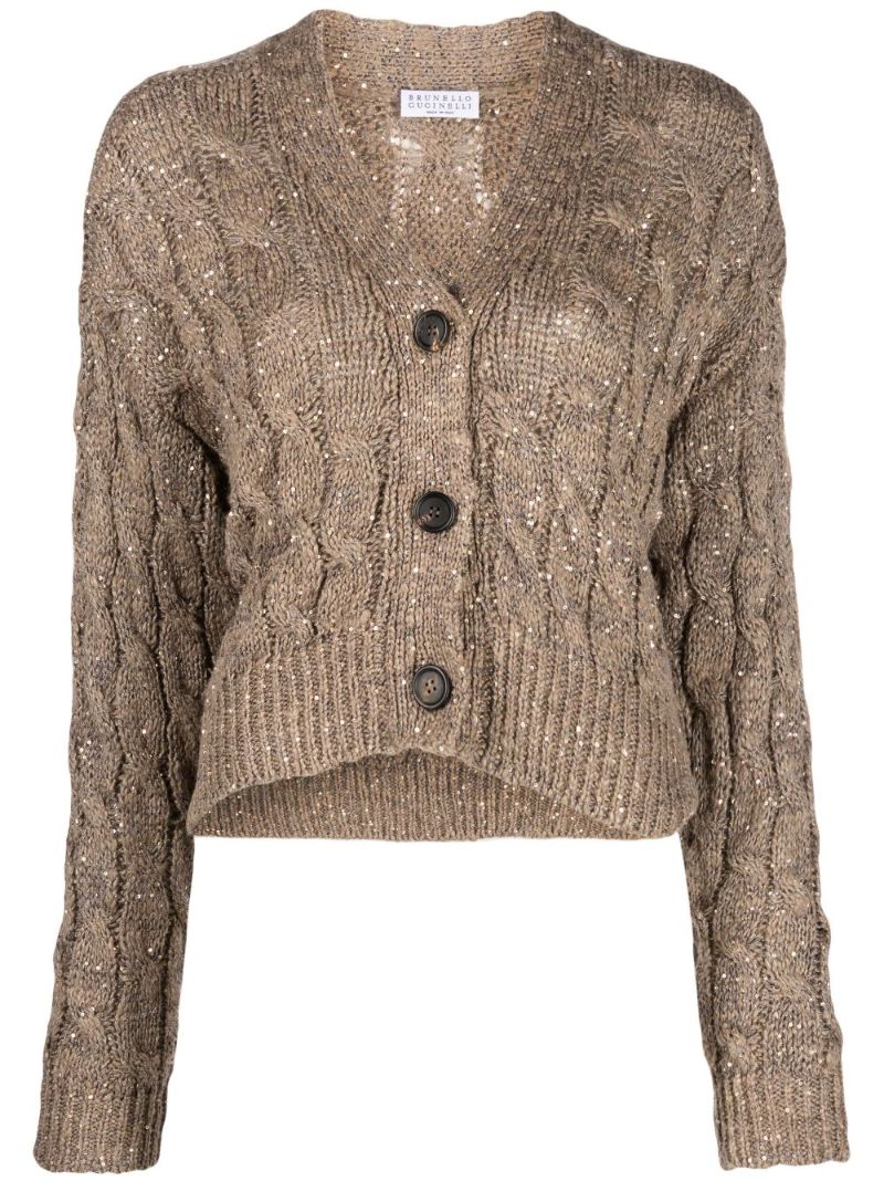 Brown Sequined Cable Knit Cardigan