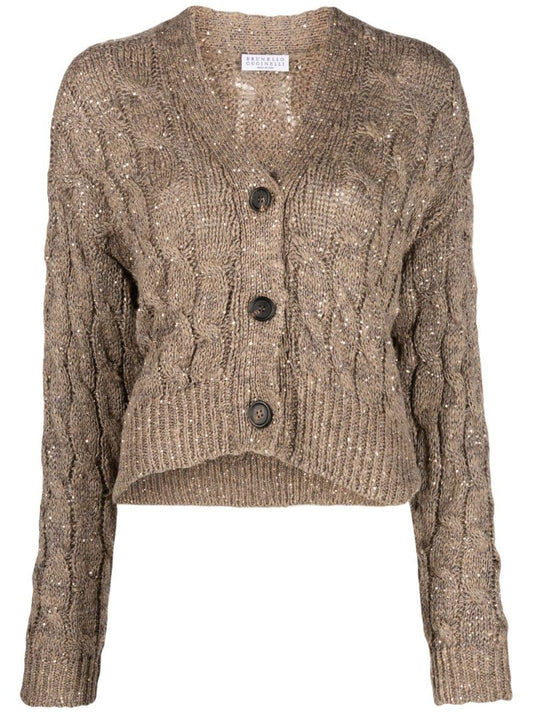 Brown Sequined Cable Knit Cardigan