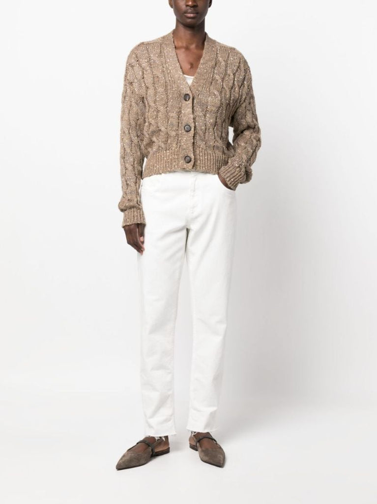 Brown Sequined Cable Knit Cardigan