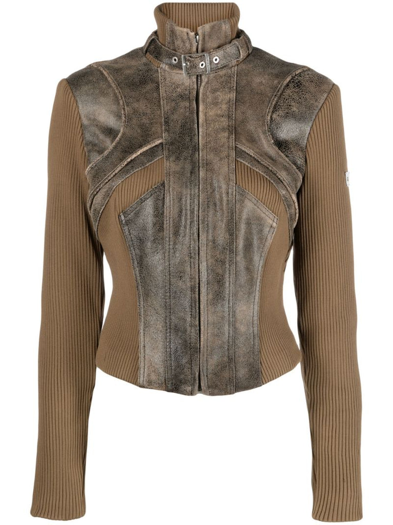 X Cracked Brown Leather-panelled Jacket