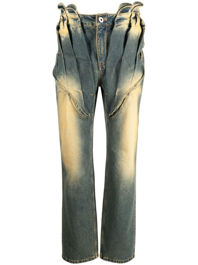 Green Acid-wash Corset Straight Jeans