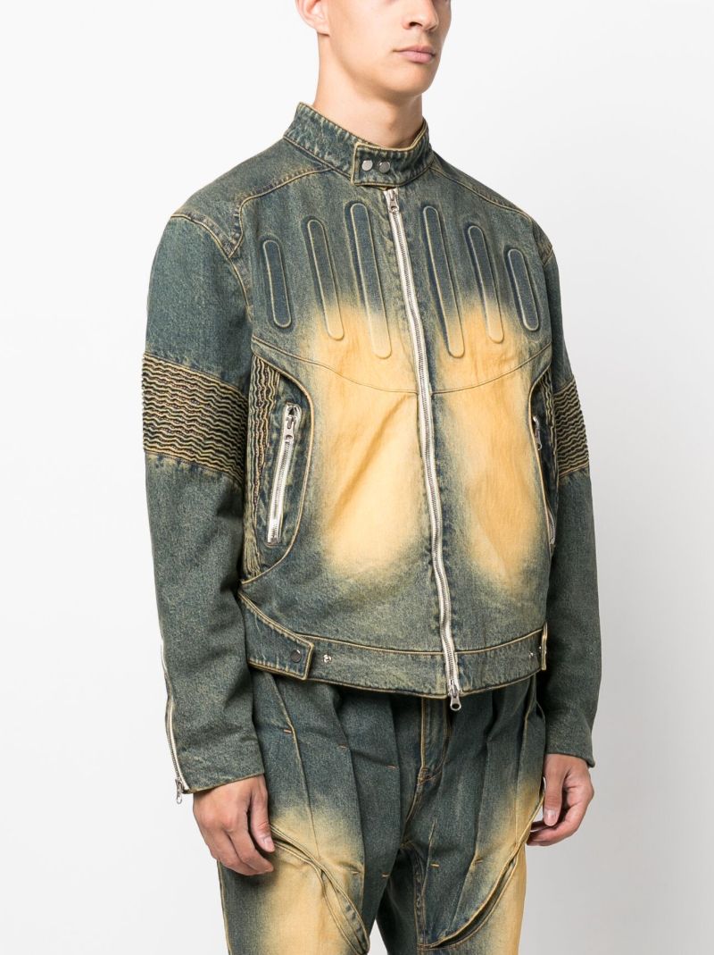 Green Embossed Denim Biker Jacket