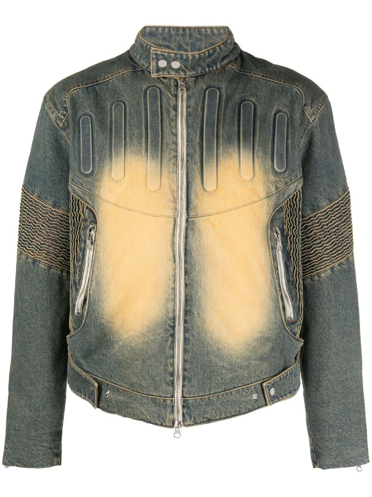 Green Embossed Denim Biker Jacket