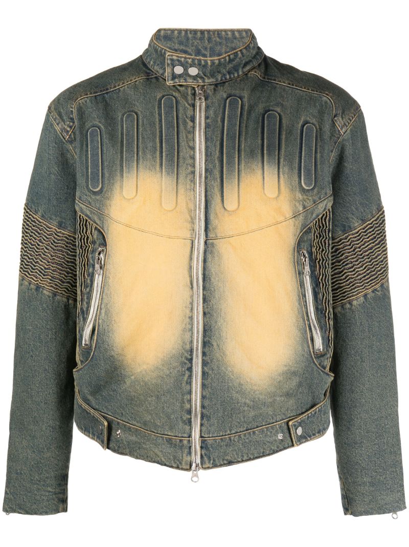 Green Embossed Denim Biker Jacket