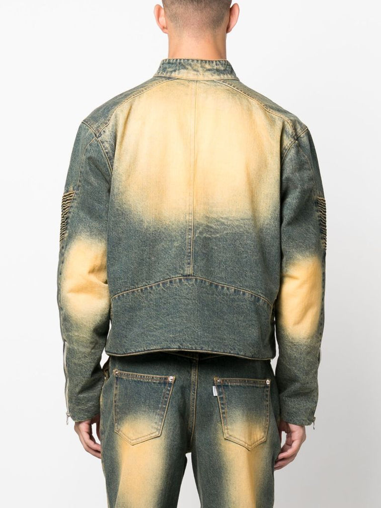 Green Embossed Denim Biker Jacket
