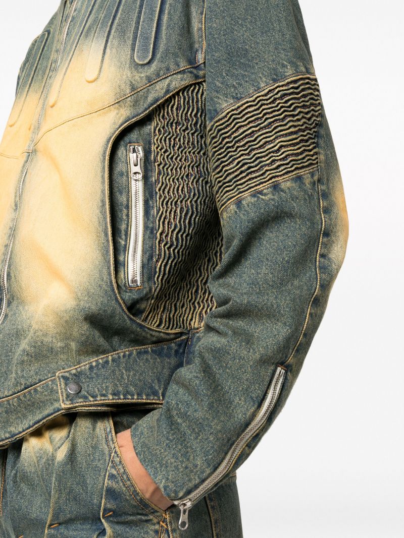 Green Embossed Denim Biker Jacket