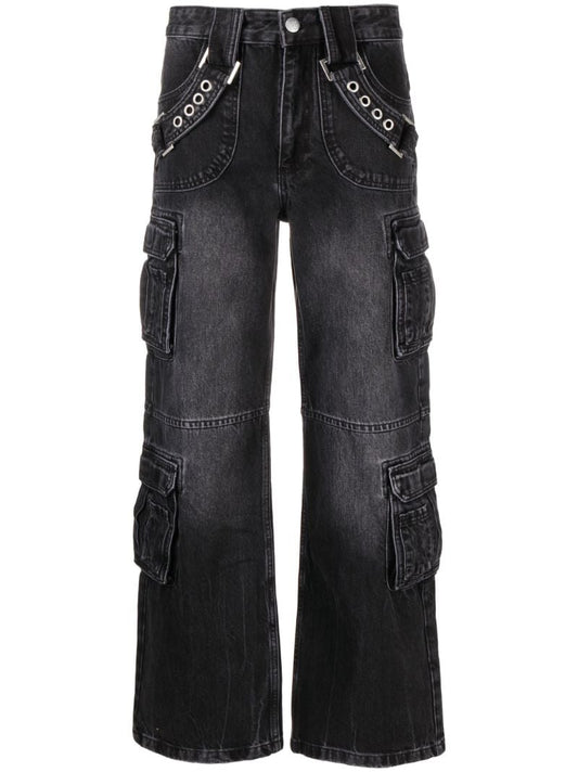 Black Harness Detailed Cargo Jeans