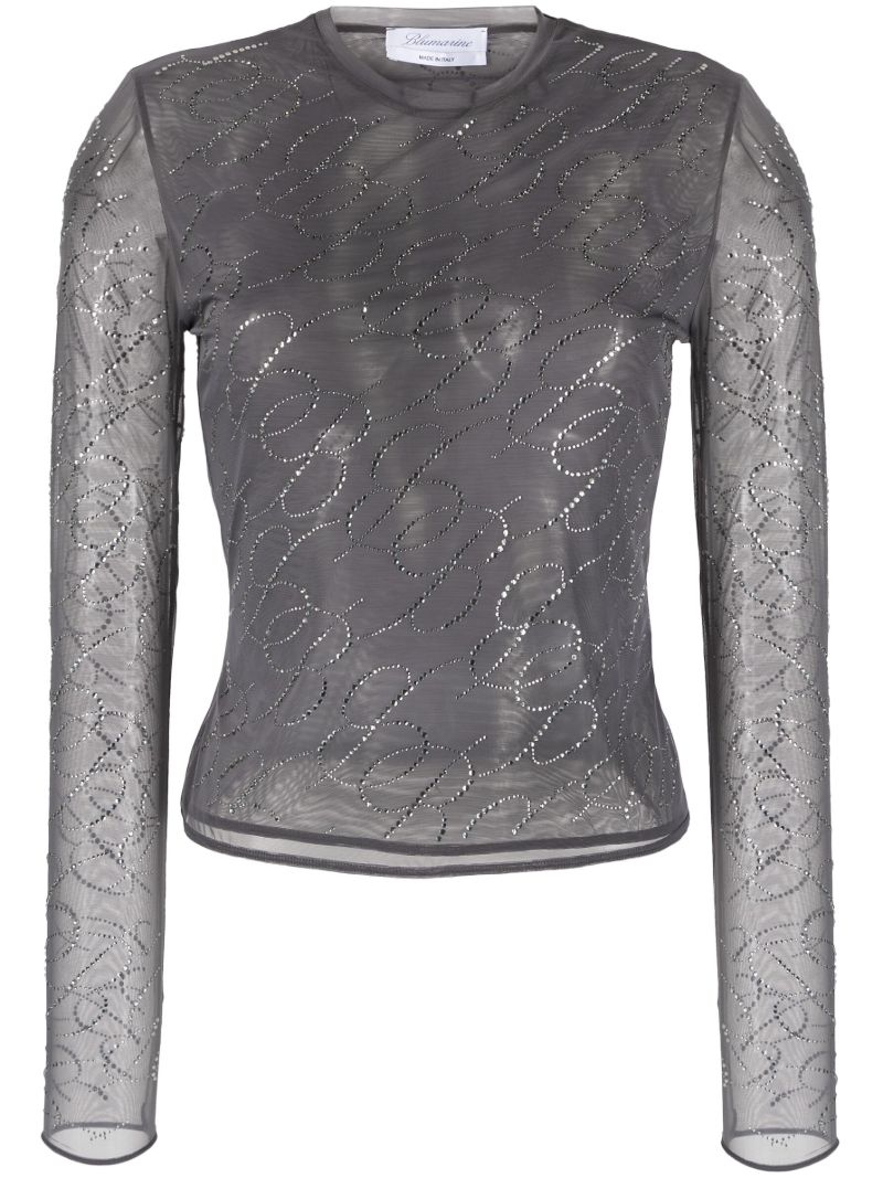 Grey Crystal-embellished Mesh Top