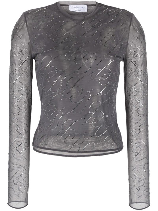 Grey Crystal-embellished Mesh Top