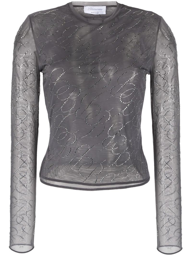 Grey Crystal-embellished Mesh Top