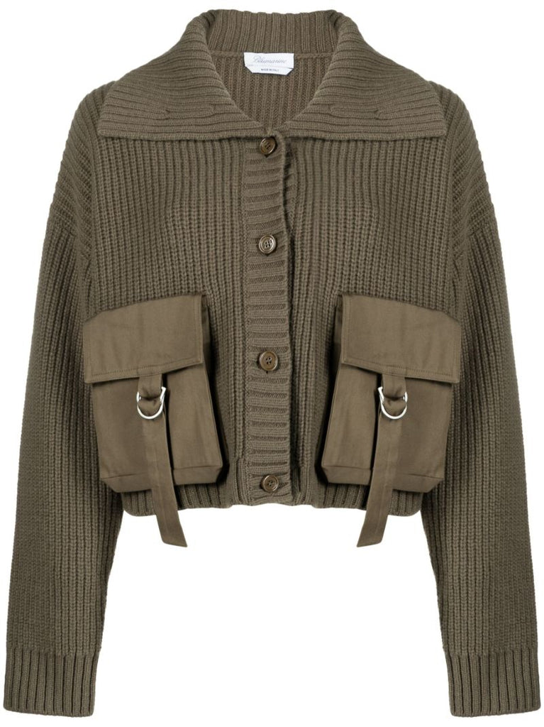 Green Cargo-pocket Ribbed Cardigan