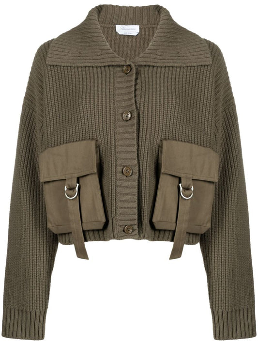 Green Cargo-pocket Ribbed Cardigan