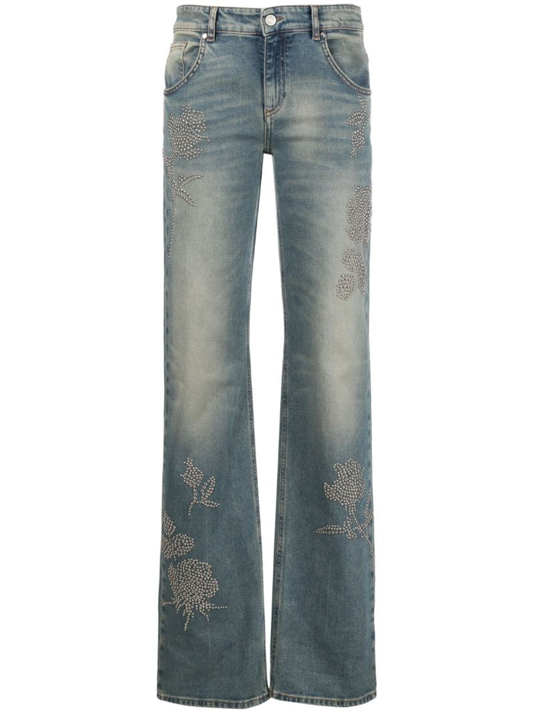 Blue Stud-embellished Wide-leg Jeans