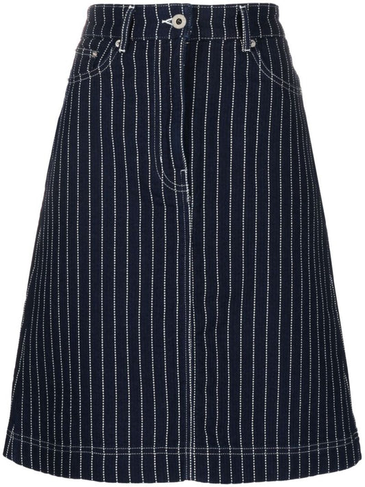 Blue Sashiko-stitch Pinstripe Denim Skirt