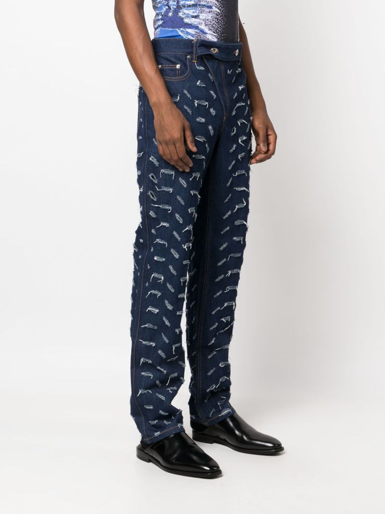 Blue Slashed Straight-leg Jeans