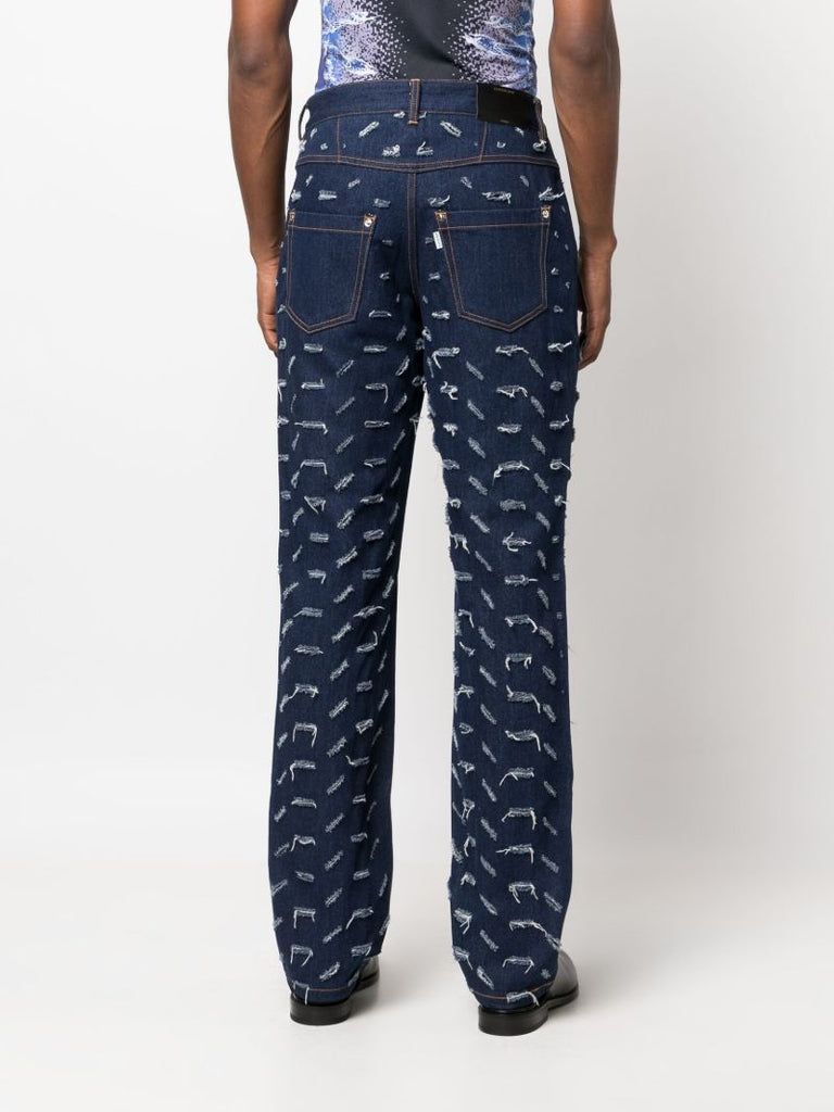 Blue Slashed Straight-leg Jeans