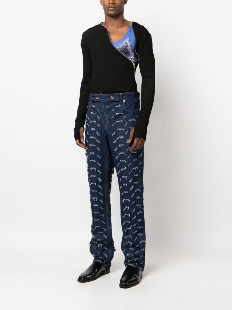 Blue Slashed Straight-leg Jeans