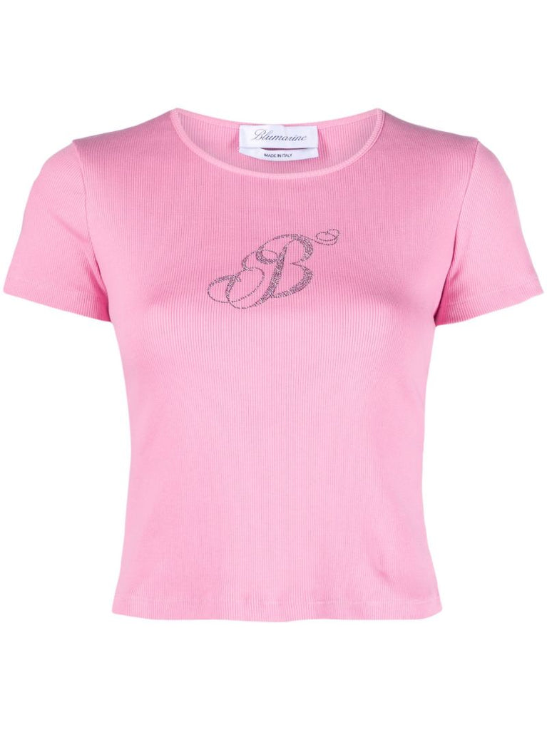 Pink Rhinestone-embellished Ribbed T-shirt
