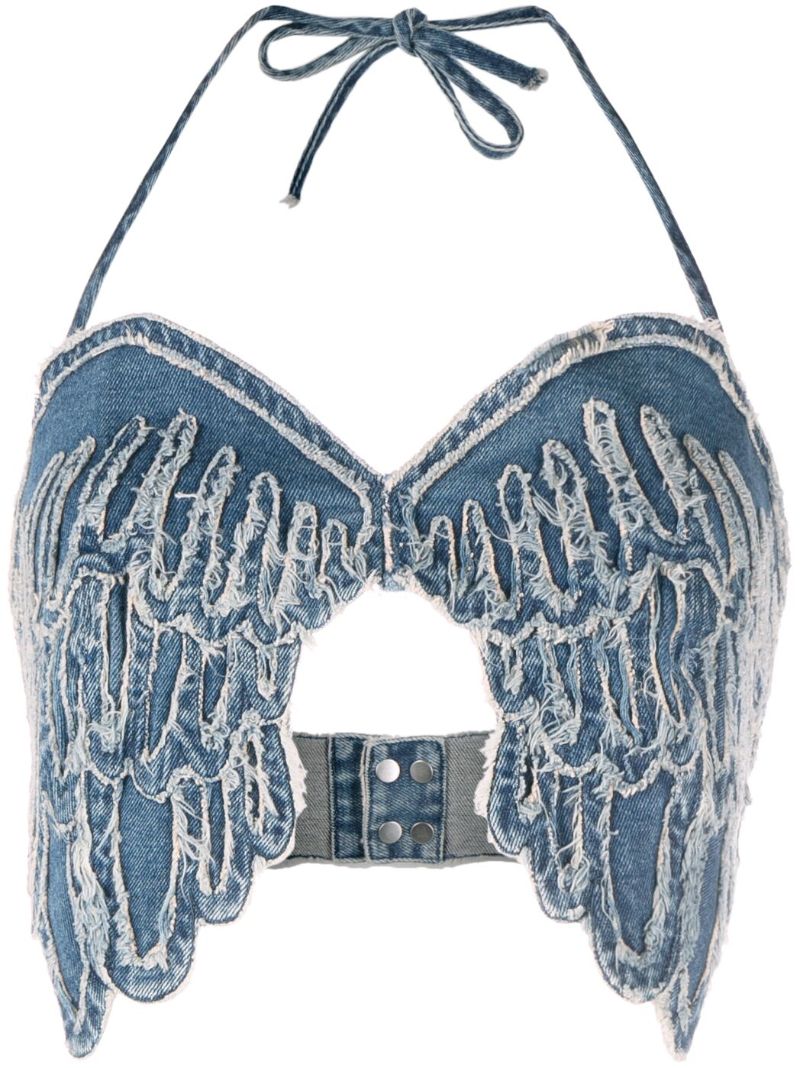 Blue Embroidered Wings Denim Top