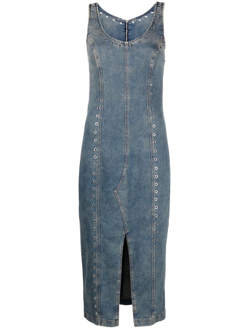 Blue Eyelet Embellished Denim Midi Dress