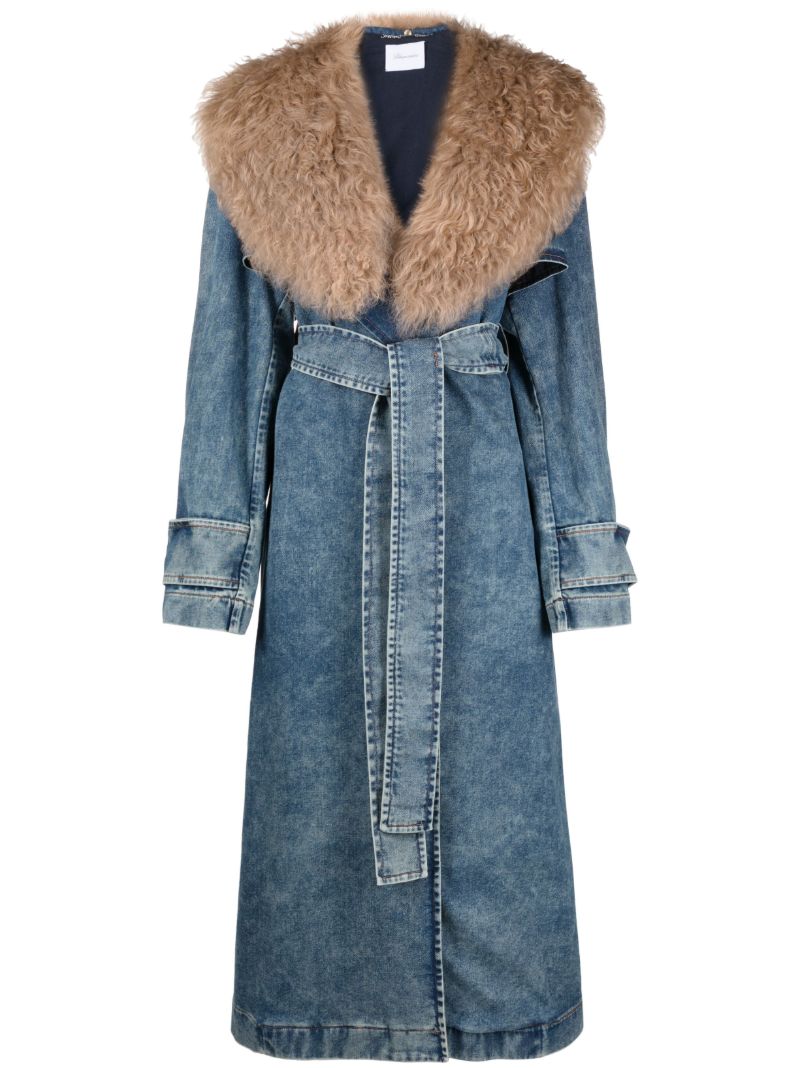 Blue Fur Lapel Denim Trench Coat