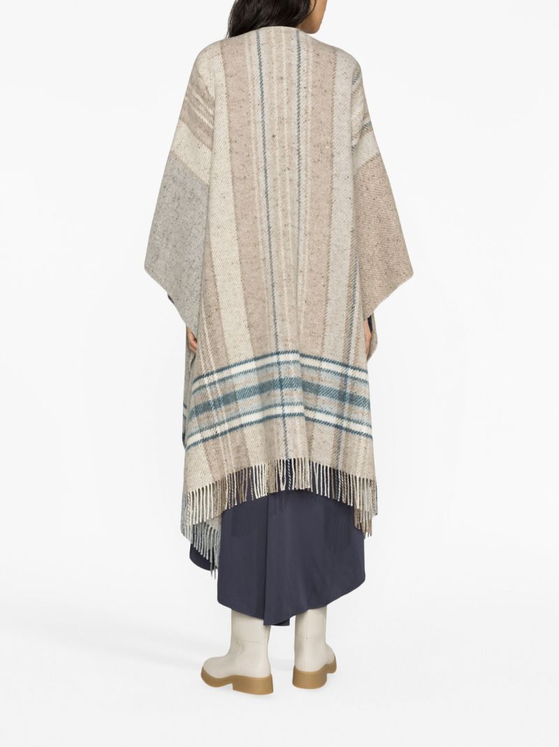 Beige Donegal Checked Fringed Wool Cape