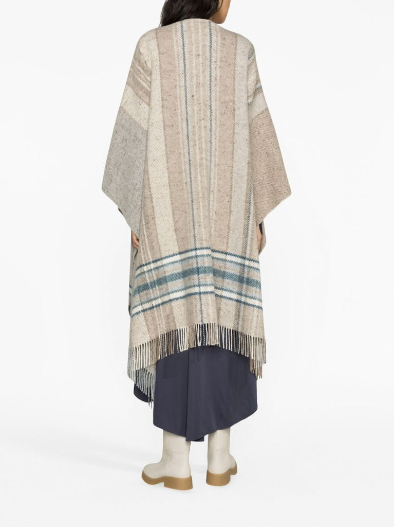 Beige Donegal Checked Fringed Wool Cape