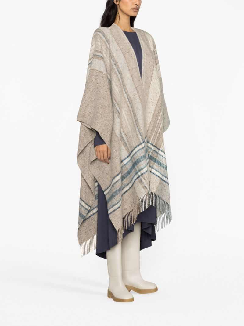 Beige Donegal Checked Fringed Wool Cape