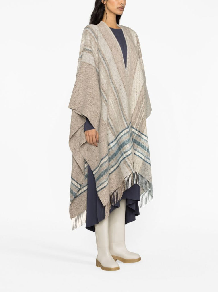 Beige Donegal Checked Fringed Wool Cape
